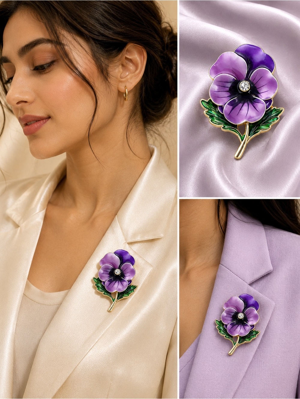 Lavender Pansy Flower Gold Brooch